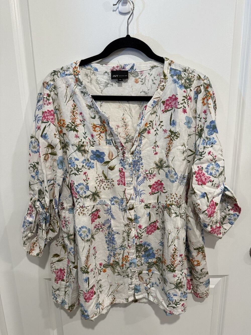 Jones New York Women Plus 2X Linen Blend Blouse Rolled Cuff Sleeve Floral